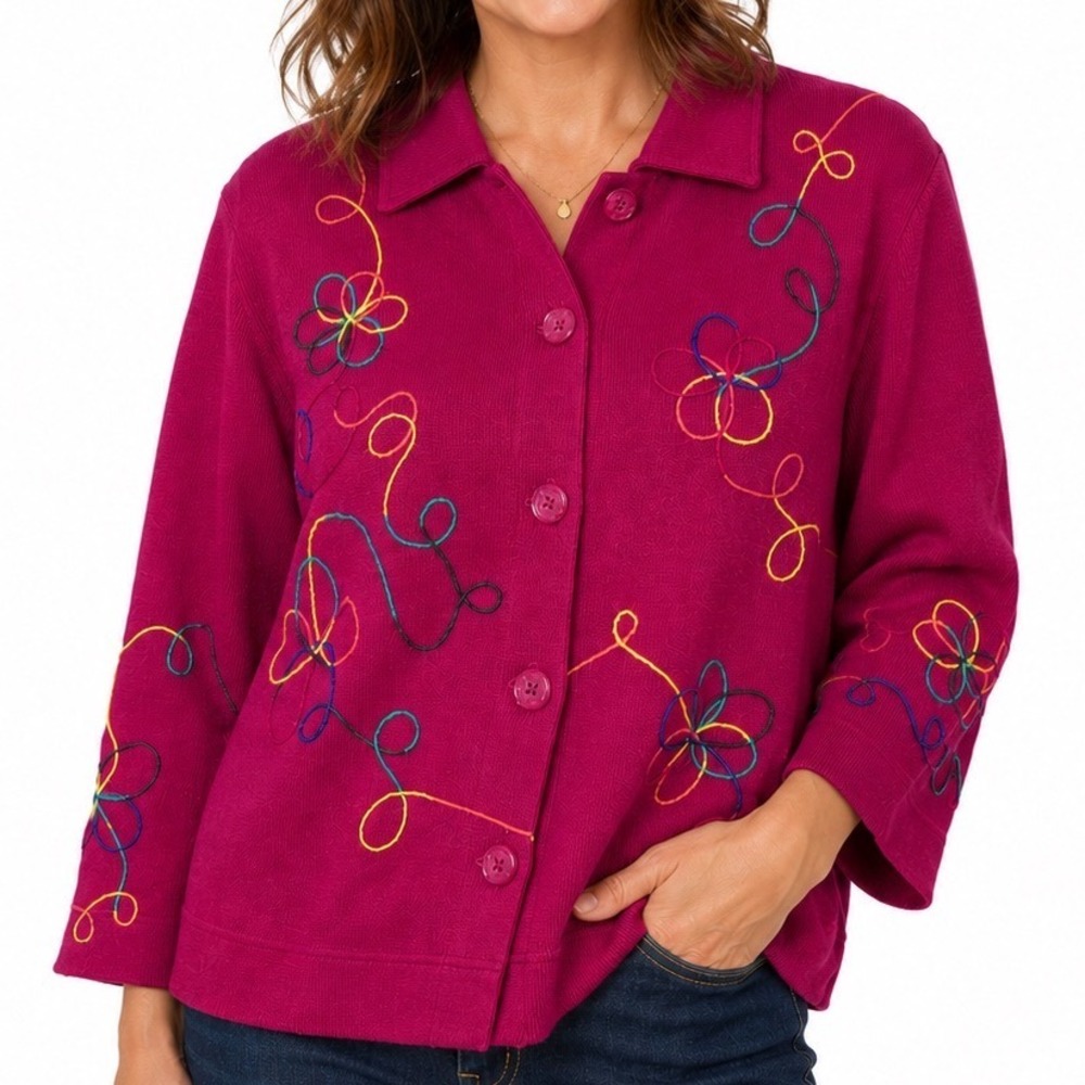 Vintage 80's Koret Cardigan Fuchsia Rainbow Embroidery Petite Medium Whimsical